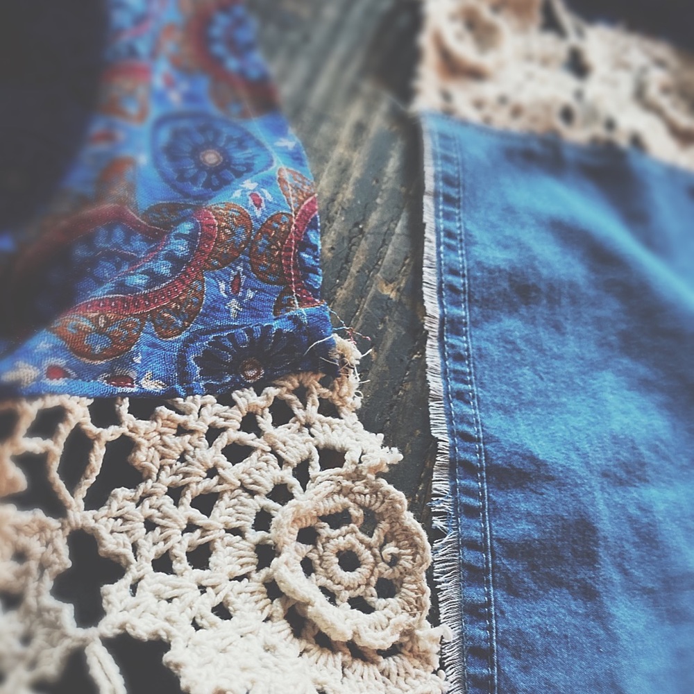 OOAK Artisan Denim Flair Raw Hem Wrap - 134” Long Aztec Medallion Scarf - Picture 9 of 16